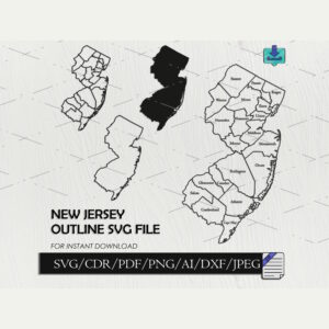 New Jersey map svg vector outline with counties silhouette vector files for laser cnc 4