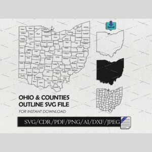 Ohio map with counties svg vector png silhouette outline files for laser cnc 5