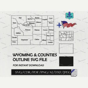 Wyoming map with counties svg outline silhouette vector files for laser cut cnc 4